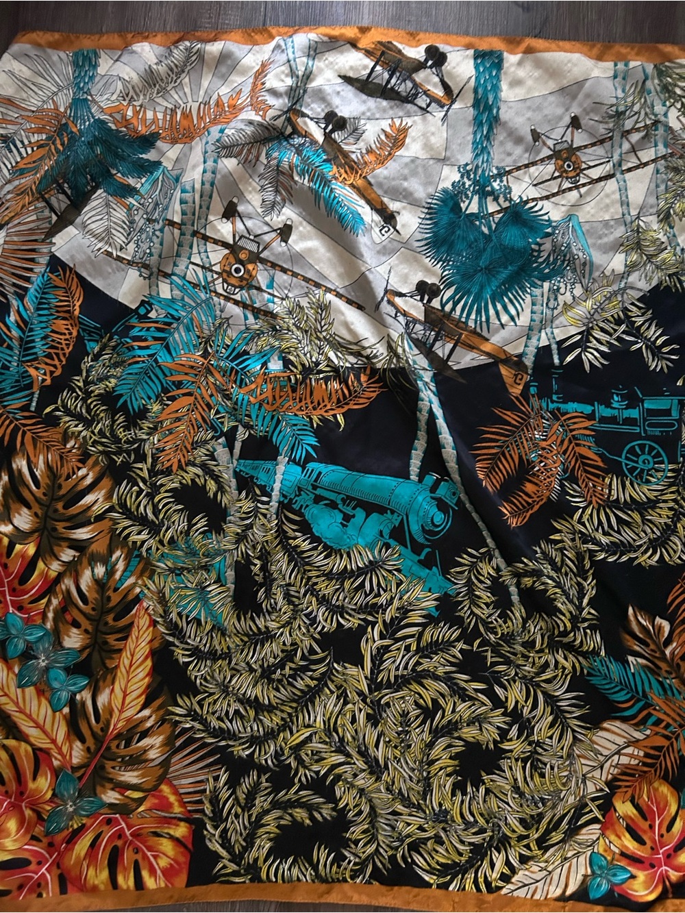 Silk-Feel Tropical Print Scarf in Teal, Orange & Black